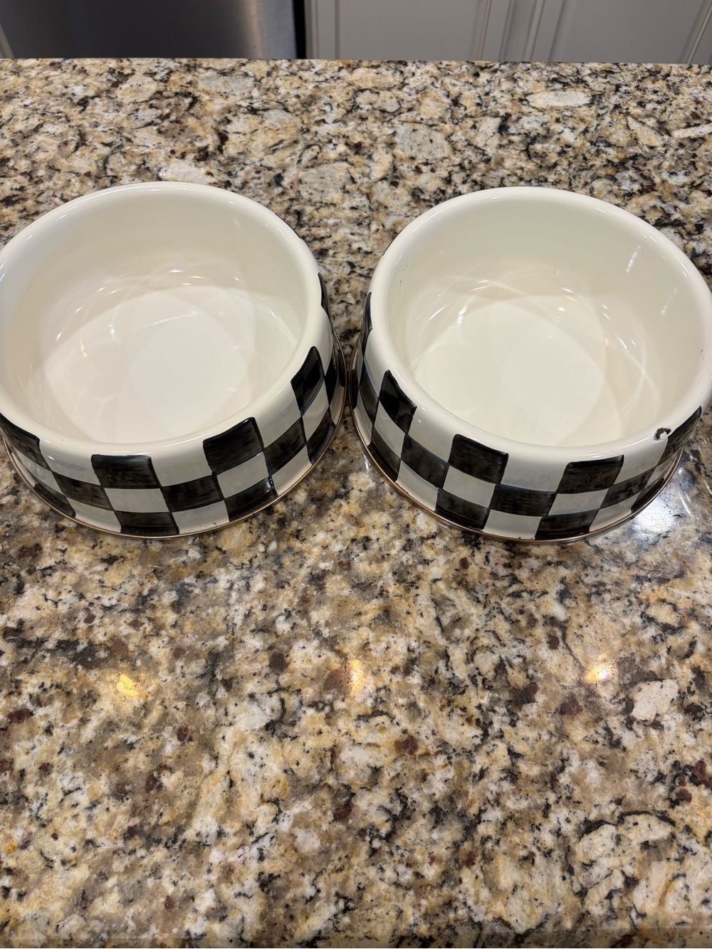 McKenzie Childs Courtly Check Ceramic Pet Bowl Set - Large. Black and White